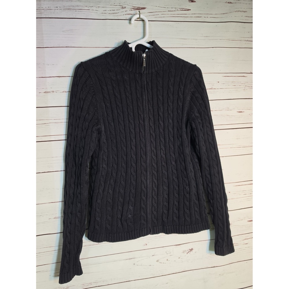 L. L. Bean M Black Cotton Cable Knit Full Zip Sweater Cardigan Mock NECK